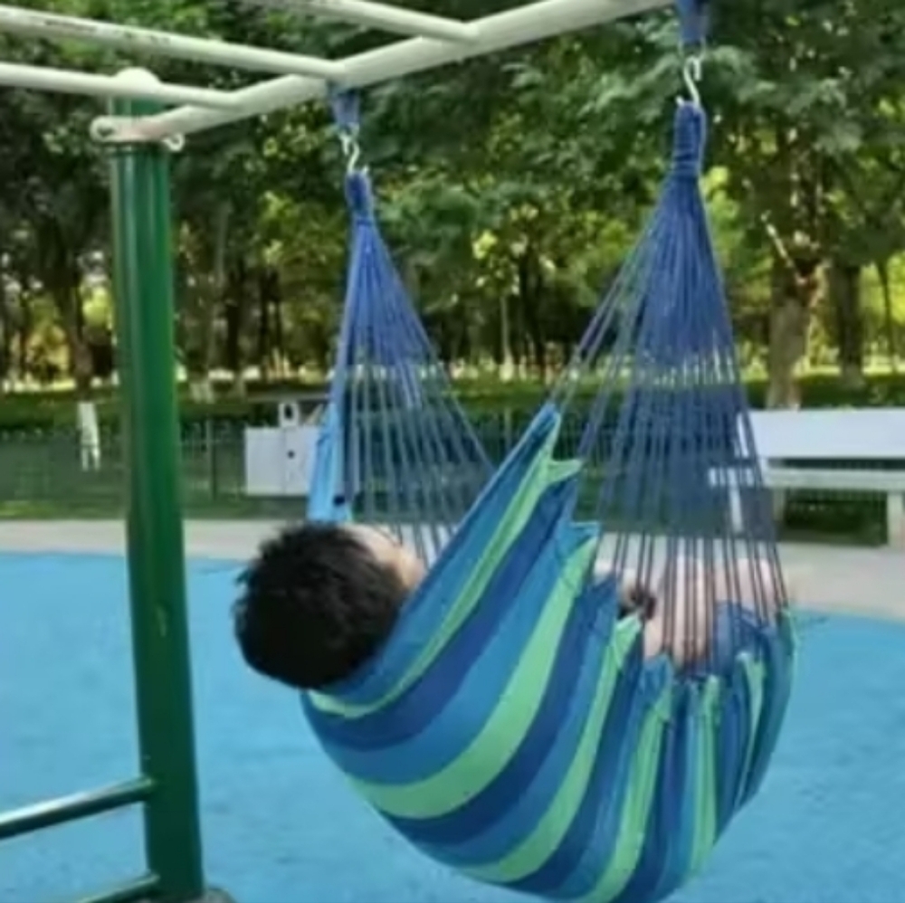 Striped Blue and Green Hammock Chair - Picture 4 of 4